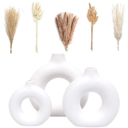 VELOVA Set of 3 White Ceramic Vase with 65 PCS Dried Pampas Grass Flowers Aesthetic Boho Modern Small Round Cute Vases for Decor Living Room Coffee Table Shelf Bedroom Office Desk Home Gifts Women Mom