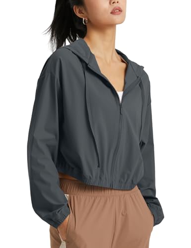 Wyeysyt Women's UPF 50+ UV Sun Protection Cropped Jackets Athletic Running Workout Shirts Zip Up Hoodie Outdoor Jackets(Grey-S)
