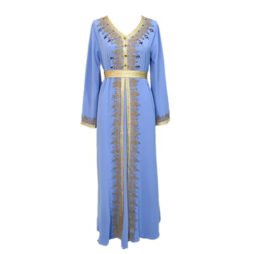 Fulbant Women Long Dress Rhinestone Party Gown Muslim Islamic Abayas Turkey Dubai Arabic Jalabiya Caftan Blue 2XL