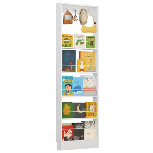 Behind The Door Bookshelf Kids,Wooden Behind Door Bookshelf, 5-Tier Bookcase Book Shelf Space-Saving Organizer Storage for Toys and Story Books Wall Mount Shelves with Hooks