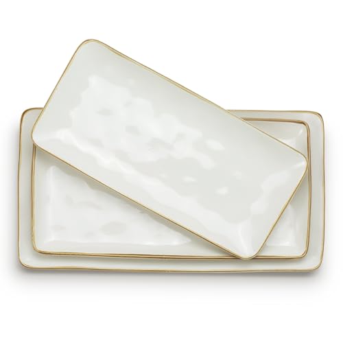 famiware Serving Platter, Rectangular 15.67/14.1/12.6inch Serving Dishes for Entertaining, Microwave Dishwasher Safe, Stoneware Serving Trays for Party, Turkey, Cheese, Ocean Series, Vanilla White