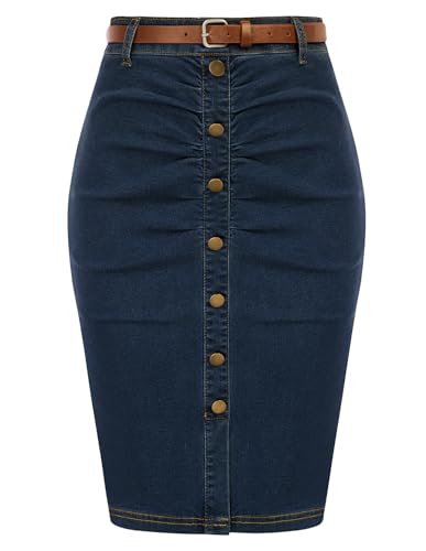 Belle Poque Denim Pencil Skirt for Women Ruched Bodycon Jeans Skirt with Belt High Waisted Pencil Skirts