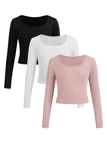Floerns Girls 3 Pcs Solid Ribbed Knit Square Neck Long Sleeve Tee Shirts Crop Tops Pink White Black 11Y