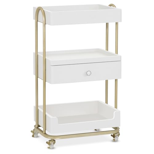 BarberPub Salon Trolley Cart with Lockable Wheels, Stylist Trolley with 3 Shelves, Salon Storage Cart for Beauty Shop, Barber Shop, Spa 2086 (White&Gold)