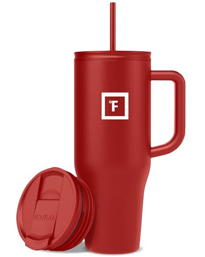 IRON °FLASK Co-Pilot Insulated Mug w/Straw & Flip Cap Lids - Cup Holder Bottle for Hot, Cold Drink - Leak-Proof- Water, Coffee Portable Travel Tumbler - Fire Red, 40 Oz