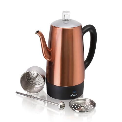 Euro Cuisine PER12 Stainless Steel Electric Coffee Percolator, 12 Cup, Polished Copper Finish, Dripless Gooseneck Spout, Clear Glass Knob, Brewing Indication, Keep-Warm Function, Detachable Cord
