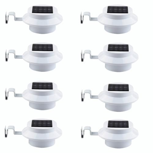 8 Pack White Solar Powered Gutter Lights Outdoor Decorative Waterproof Led Fence Lamp for Lighting Railing, Outside Wall, Deck, Garden, Path, Backyard, Sidewalk, Yard, Patio, No Drilling Installation