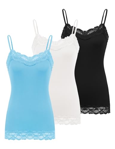 Silky Lightweight Camisole for Ladies in Summer Lingerie Undershirts (S,3 Pack-Black/Ivory/Light Blue)