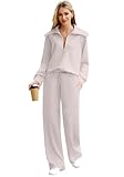 XIEERDUO 2 Piece Outfits For Women Two Piece Winter Lounge Sets Half Zip Sweatshirt Wide Leg Sweatpant Khaki M