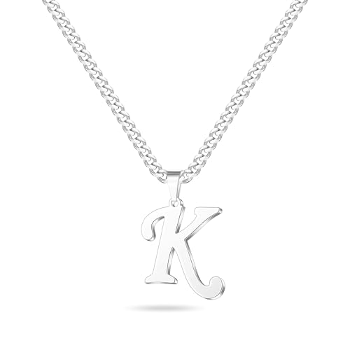 Mens Necklace - Silver Initial Necklace for Men Women Stainless Steel Cuban Chain Letter K Initial Pendant Necklaces Jewelry Anniversary Fathers Day Birthday Gifts for Men Dad Son Boyfriend Husband