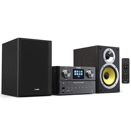 Philips Bluetooth & WiFi Stereo System for Home with CD Player, Spotify, Internet Radio, FM Radio, MP3 Playback, Crisp Highs and Rich Bass 100W, Remove Control Included