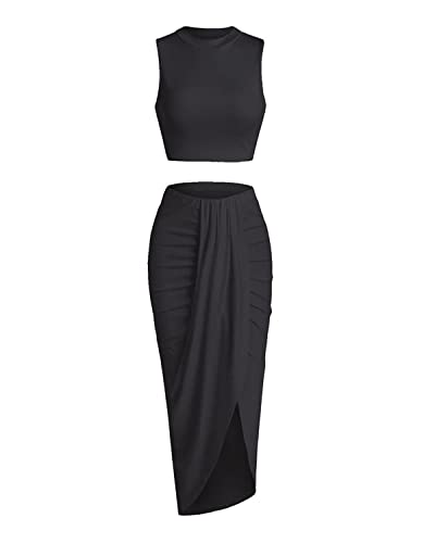 ZAFUL Women's Solid Marled Crop Top and Draped Ruched Maxi Skirt Set Two Piece Dress (B-Black, L)