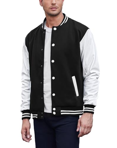 COOFANDY Mens Slim Fit Varsity Jacket Casual Baseball Jackets Lightweight Black/White Medium