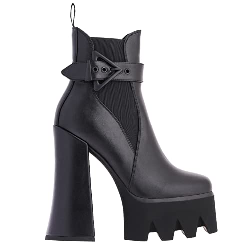 DETOGNI Women's Buckle Strap Thick Heel Platform Booties Ladies Elastic band High Heel Fashion Casual Ankle Boots(Black US5)