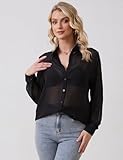 Arssm Women Sheer Button Up Blouse Mesh Long Sleeve Sexy See Through Tops Fashion Trendy Mesh Shirts Tops(Black-XL)