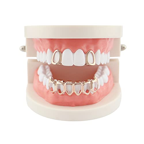 Huliyhus 18K Gold Plated Hip Hop Teeth Grillz Caps Open Face 2pcs Single Top and Bottom Grills for Your Teeth Grillz Set for Men Women (Rose Gold)