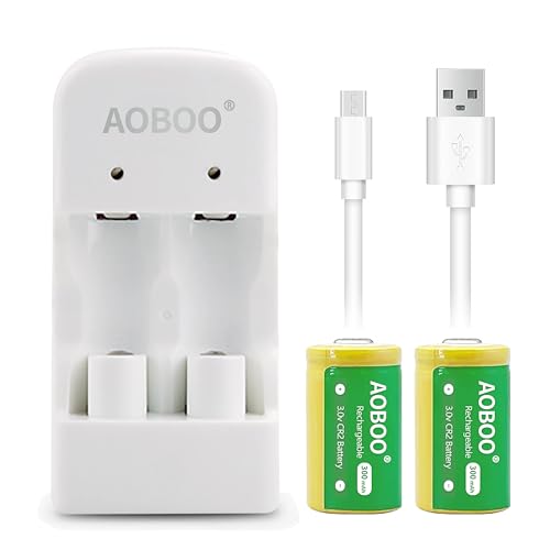 CR2 Battery Rechargeable 3vBattery, Long Life, CR2 3V Battery Smart Low Self-Discharge Lithiu.m Chip CR2 3.0V Charger Set (2pcs Battery+Charger Set)