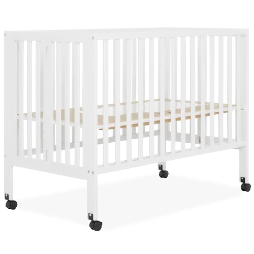 Dream On Me Quinn Full-Size Folding Crib In White, Removeable Wheels, Modern Nursey, Adjustable Mattress Support, Portable Crib, Patented Folding System