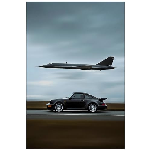 SuccessHunters Porsche Vs Fighter Jet Wall Art Print - Luxury 911 Car Poster, Jet Bomber Canvas, Aviation & Speed Decor for Motivational Office or Man Cave (24" x 18" in)