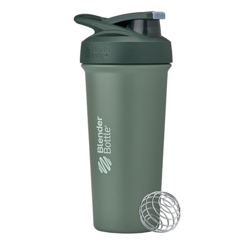 BlenderBottle Strada Sleek Shaker Cup Insulated Stainless Steel Water Bottle with Wire Whisk, 25-Ounce, (Green) Seaglass