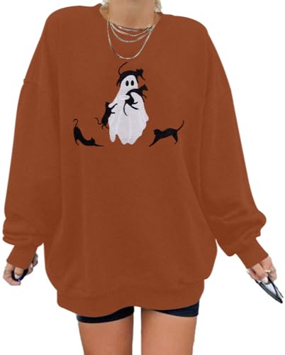 Halloween Spooky Season Sweatshirt Women: Oversized Black Cat Ghost Sweatshirts Fall Embroidered Pullover Top
