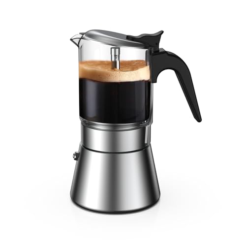 SIXAQUAE Moka Induction Stovetop Espresso Maker,Crystal Glass-top & Stainless Steel Espresso Moka Pot,Classic Italian coffee maker,240ml(6cup)