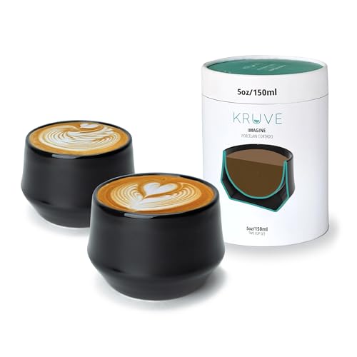 KRUVE IMAGINE Porcelain Latte Coffee Cups, Double Walled Latte Cups, Glass Cups Set of Two - 5oz Thermal Spherical Design for Latte Art, Insulated Coffee Mugs for Heat Retention (Black)