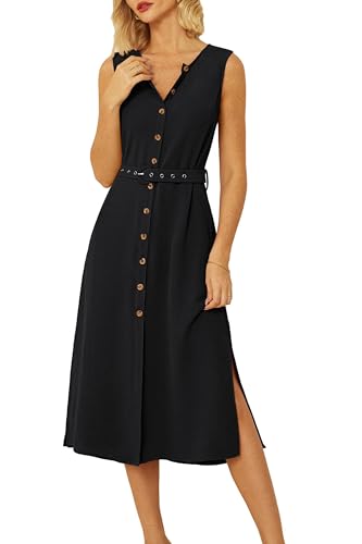 Womens V Neck Sleeveless Simple Solid Color Casual Summer Dress Wear to Work Black L