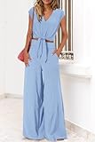 PRETTYGARDEN Two Piece Teacher Outfits For Women Casual Holiday Matching Sets Sexy Going Out Tops Wide Leg Pant Sets(Solid Light Blue,Large)