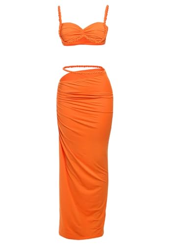 Women's Two Piece Skirt Sets Summer Beach Sexy Ruched Backless Cami Top and Cut Out Skirt Night Out Dress Orange