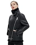 LY VAREY LIN Women's Faux Shearing Moto Jacket Thick Lined Parka Winter Shearling Coat Leather Jacket (L, Black)