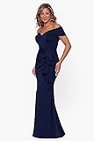 Xscape Women's Long Off Shoulder Sweetheart Neck Side Ruffle Gown (Reg and Petite), Midnight, 6