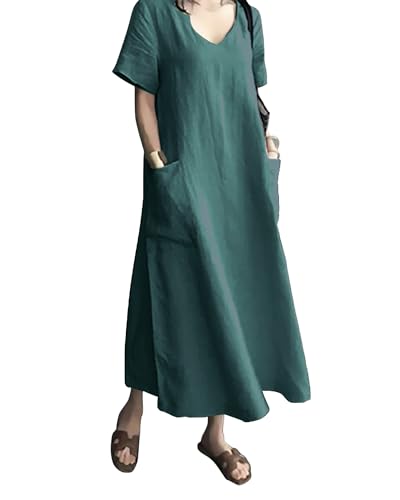 AUDATE Women's Maxi Casual Dress Plus Size Loose Cotton Linen Dress Short Sleeve Summer Beach Dresses Green M
