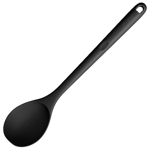 600ºF Heat Resistant Silicone Spoon: U-Taste 13.3in Solid Kitchen Cooking Spoon, Nonstick Food Grade Large & Long Soup Rubber Utensil for Mixing, Serving, Stirring, Basting, for Pot Cookware (Black)