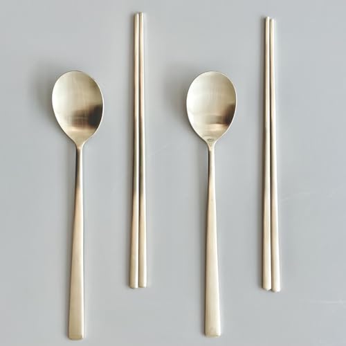 Korean Made Traditional Utensil Chopstick Set Flatware Champagne Gold Stainless Steel Spoon & Chopsticks Comfortable Grip Gift for Mom (2)