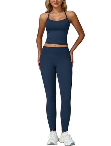 Womens Workout Sets Two Piece Seamless Stretch Cross Back Tank Top Matching Tummy Control High Waist Leggings Set 2 Piece For Women Gym Yoga Active Wear Outfits Athletic Work Out Clothes Dark Blue S