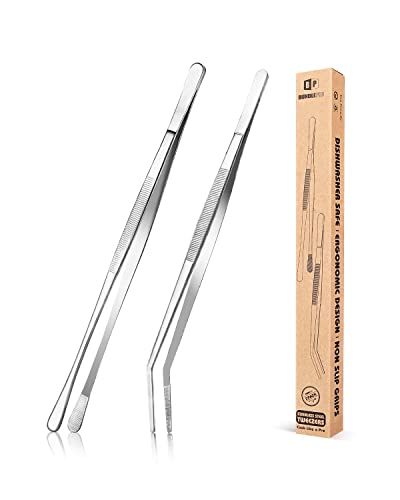 2 Pcs Kitchen Fine Tweezer Tongs, 12'' Stainless Steel Food Tweezers Set, Professional Black Kitchen Long Tweezer for Cooking, Repairing, Sea food and BBQ(SILVER)