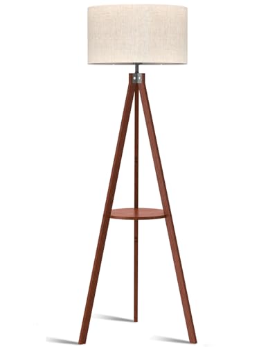 LEPOWER Tripod Floor Lamp, Mid Century Wood Standing Lamp, Modern Design Shelf Floor Lamp for Living Room, Bedroom, Office, Flaxen Linen Shade with E26 Base Brown