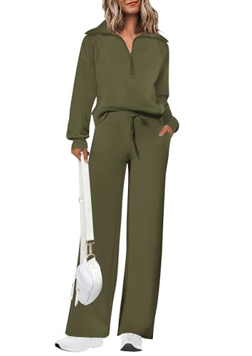 PRETTYGARDEN Women's Long Sleeve Lounge Sets Casual Top and Pants 2 Piece Outfits Sweatsuit with Pockets (Army Green,Large)