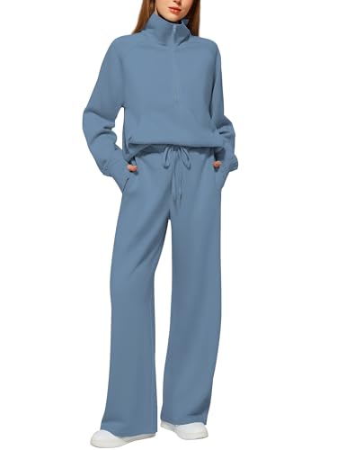 Casly Lamiit 2 Piece Outfits for Women Lounge Casual Half Zip Sweatshirt Set Winter Long Sleeve Sweatsuit Airplane Travel Clothes Ropa De Mujer Dark Blue M