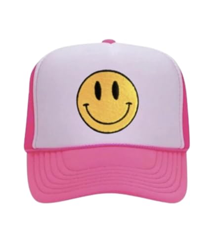 Smile Face Trucker Hat, Trendy Cute Preppy y2k Smile Yellow Emoji Patch Embroidered Adjustable Baseball Cap Snapback Hat , with Foam Front, Mesh Back, One Size Fits All ,for Women, Men, Pink, Medium