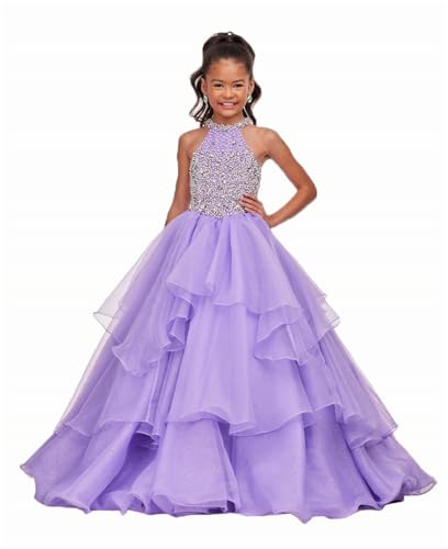 YEPQWD Little Girls' Organza Pageant Party Ball Gowns Flower Girls Pageant Dress Lavender 10