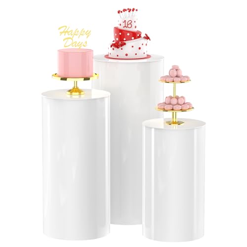 Wokceer Cylinder Pedestal Stands for Party White 3Pcs Large Round Cylinder Tables for Parties Pedestal Display Plinth Pillars for Wedding Birthday Party Art Decor 15.7*35.4"(L)