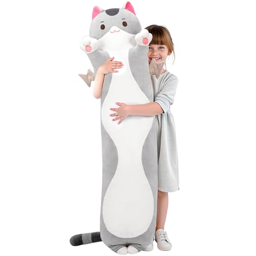 Mewaii Long Cat Plush 5 Sizes, 120% Extra Filling Giant Plushness Kids Body Pillow, Kawaii Cute Grey Cat Stuffed Animals Plushies, Big Long Body Pillow Cat Plush Gift for Girls 53”