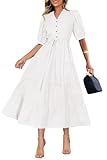 PRETTYGARDEN Women's Summer Midi Dress 2025 Casual Short Sleeve V Neck Buttons Belted Ruffle A Line Flowy Dress with Pockets (White,Small)