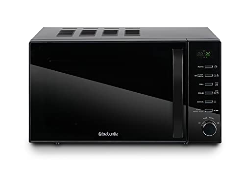 Brabantia BBEK1145DG Microwave with Grill Function, 13 Automatic Cooking Programs, 700 Watts, 20 Liters, 6 Power Levels, LED Display, Glass Turntable, Black