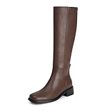 QIY Brown Knee High Boots for Women Riding Boots Chunky Heel Brown Leather Boots for Women Square Toe Block Flat Tall Dress Long Fall Boots Size 7