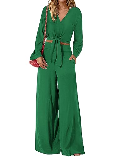 PRETTYGARDEN Matching Sets Active Wear Outfits Fashion Jumpsuits Trouser Pant Set Business Casual Outfits for Women(Solid Green,Large)