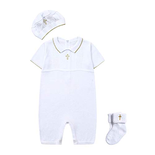 HAPIU Baby Boy Baptism Outfit with Hat Christening Outfit-Cross Detail, 0-3M, Snow White