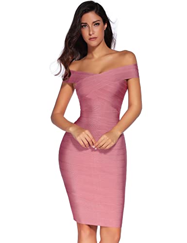 Meilun Rayon Sexy Off-shoulder Stretchy Party Bandage Bodycon Midi Dress,Dark Pink,Large